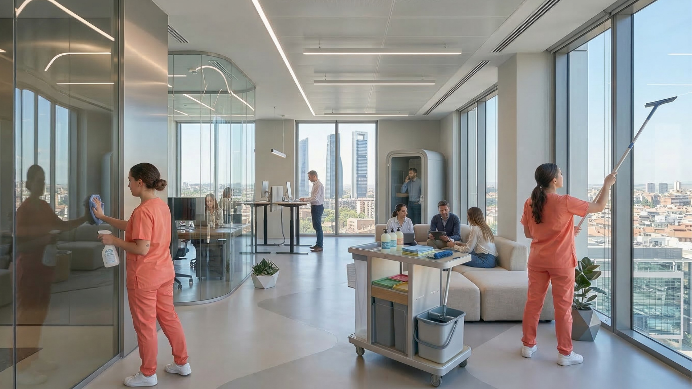 limpiadoras de Volvoreta Marix haciendo una limpieza de oficinas en Madrid