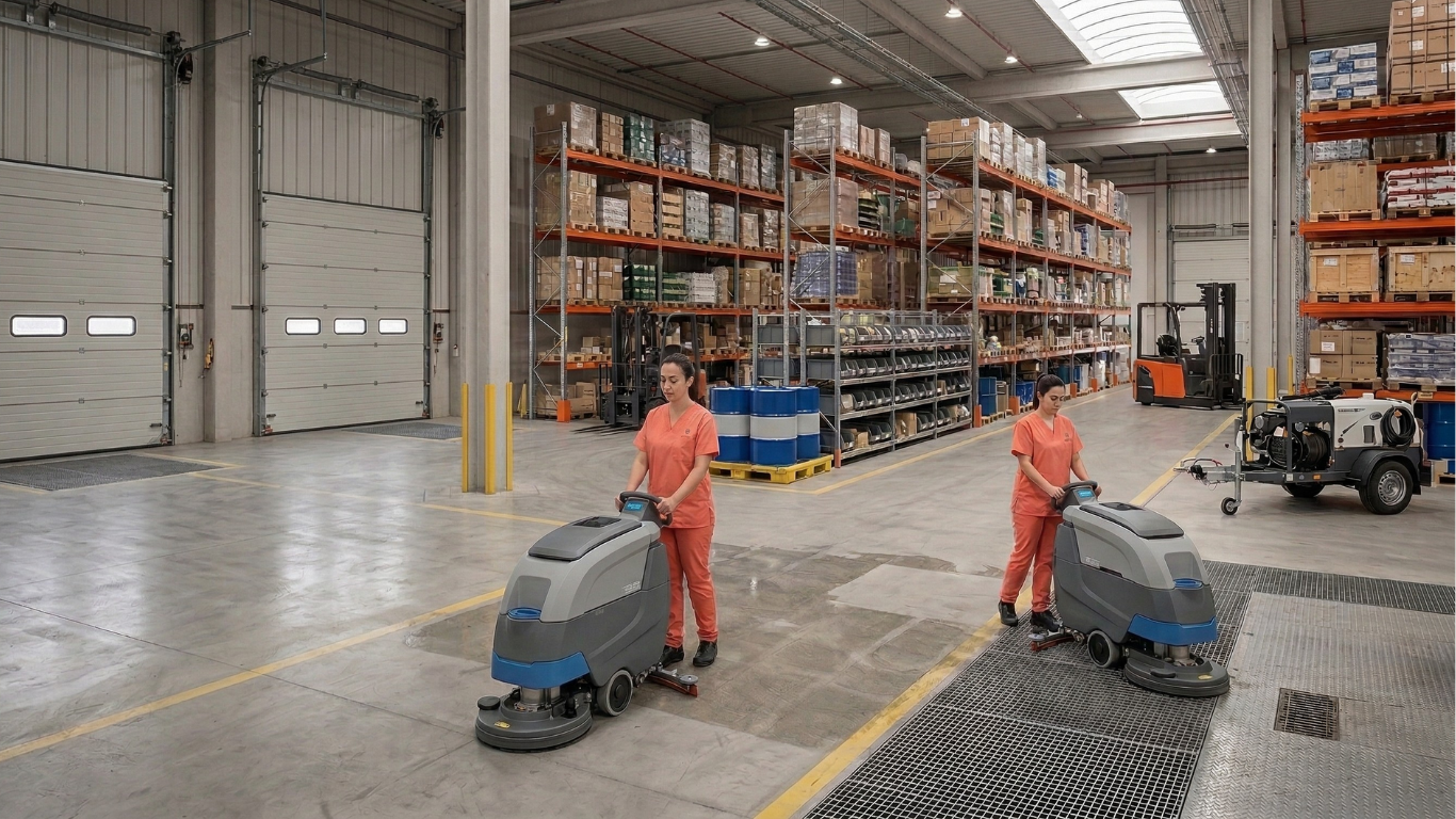 limpiadoras de Volvoreta Marix haciendo una limpieza en una nave industrial