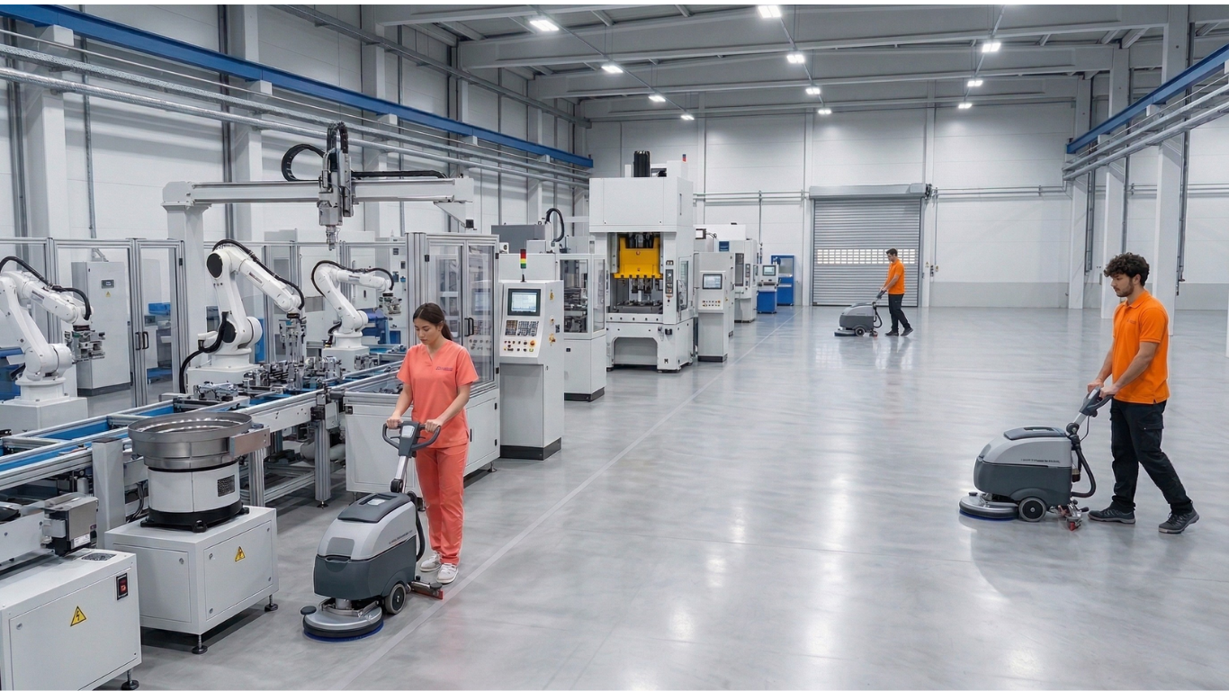 limpiadores de Volvoreta Marix haciendo una limpieza de naves industriales