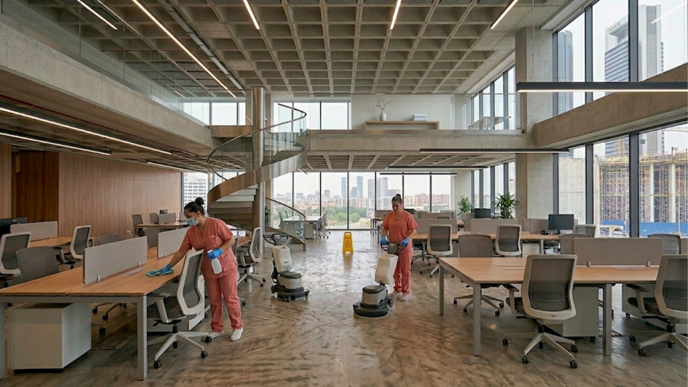 limpiadoras de Volvoreta Marix haciendo un servicio de mantenimiento de oficinas